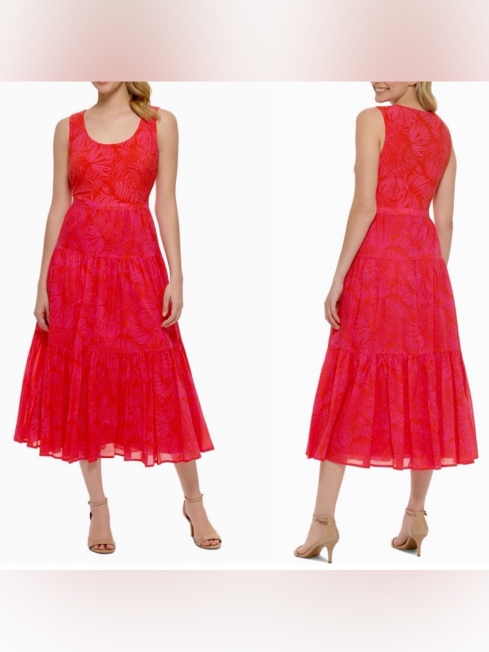 Tommy Hilfiger
Size 10 Cotton Palm-Print
Midi Dress  Women's Red pink tropical
